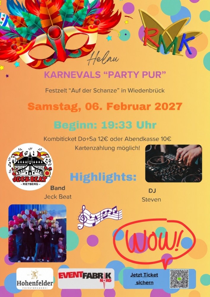 Veranstaltungsplakat: Karnevalsparty Pur am Samstag · 06.02.2027
