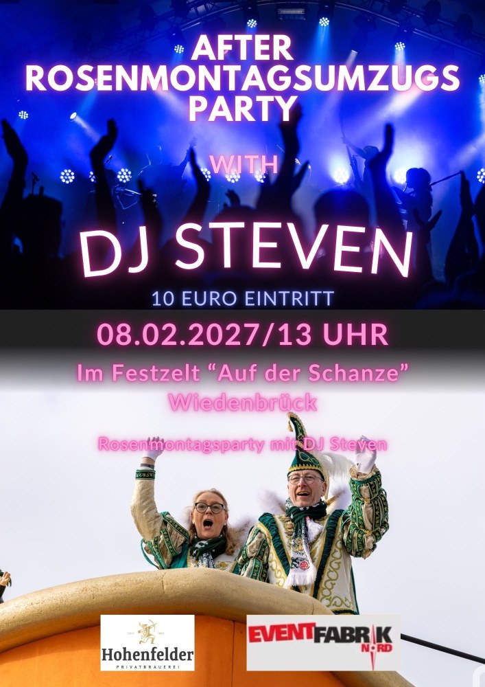 Veranstaltungsplakat: Rosenmontagsparty am Montag · 08.02.2027